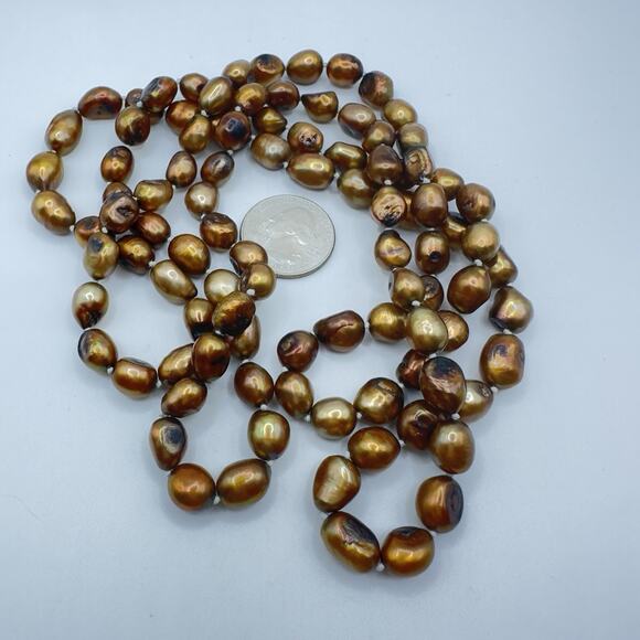 Natural 4mm Copper Genuine Baroque Pearl Necklace 46" Hand Knotted No Clasp QVC - Picture 4 of 10